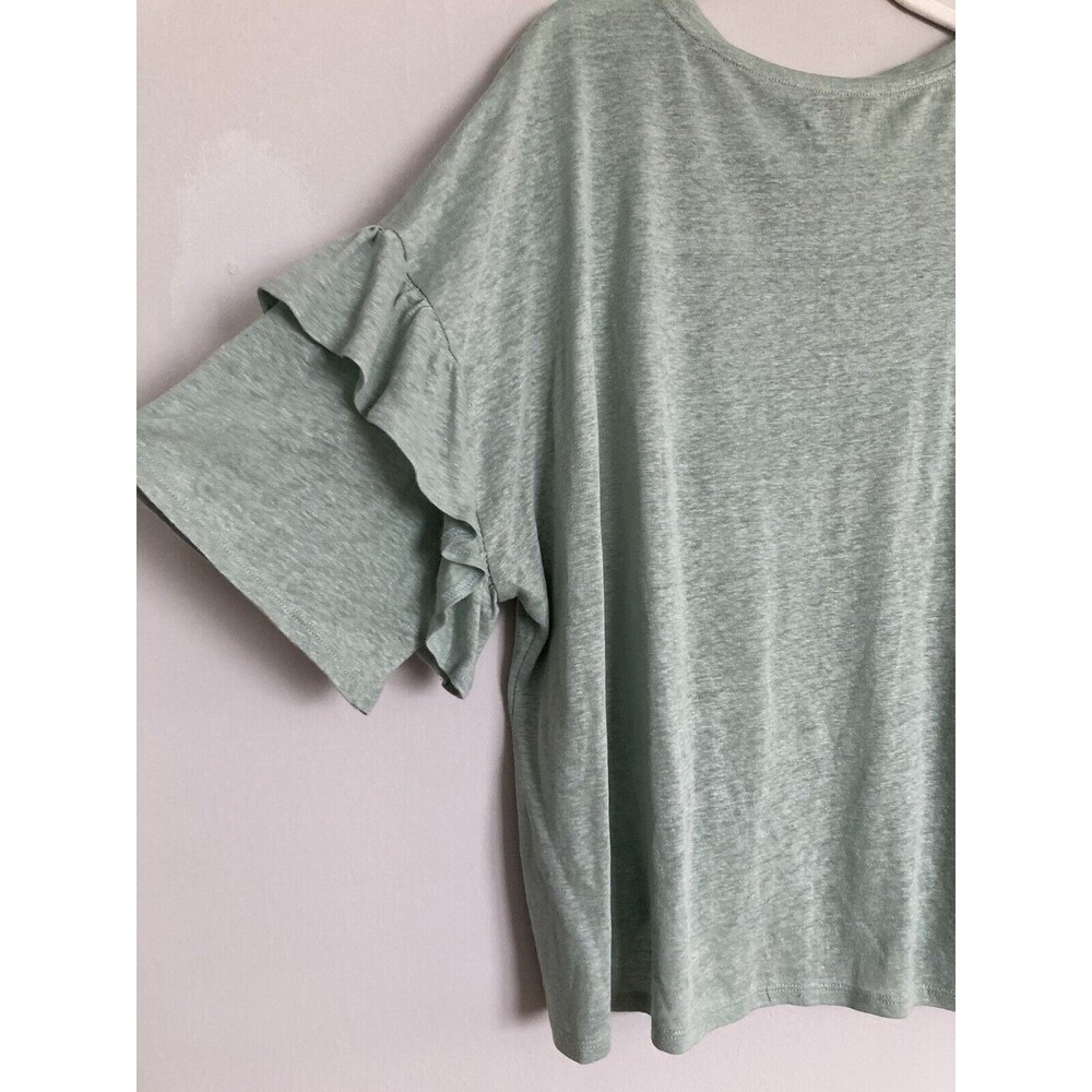 Joan Vass New York 100% Linen Ruffle Sleeve Blouse LARGE Mint Sage Green - Picture 5 of 6
